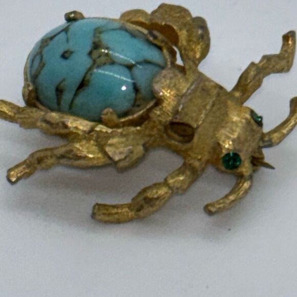 Vintage RISA pin/brooch turquoise cabochon bug beetle gemstone eyes - Picture 1 of 10